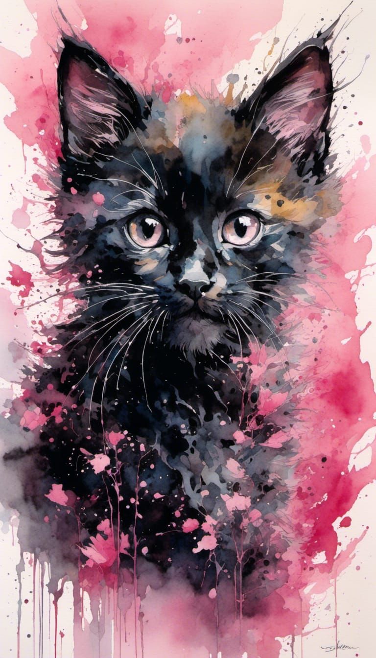 Black Kitten Pink Splash