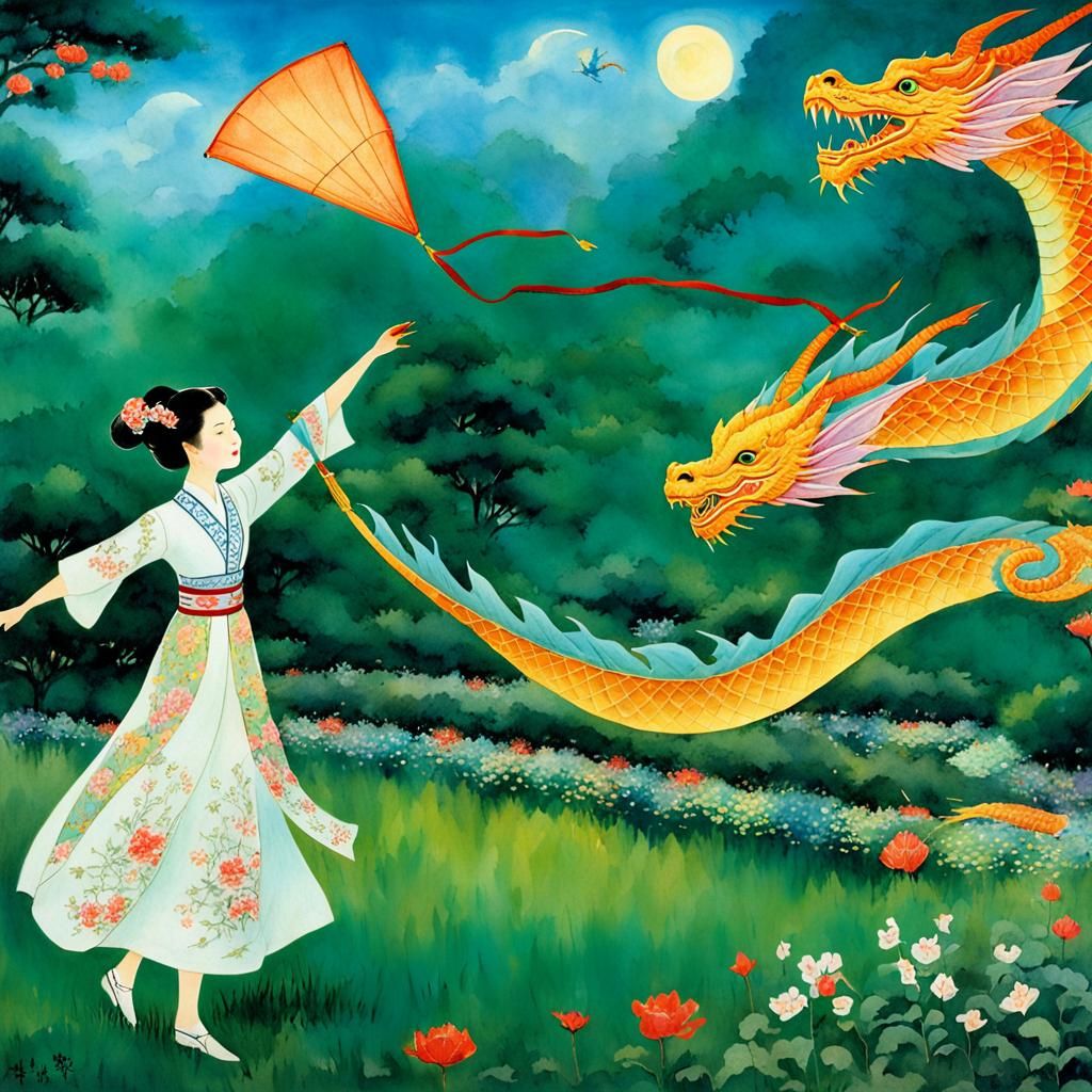 Elegant Lady Flies Dragon Kite in Dream Garden