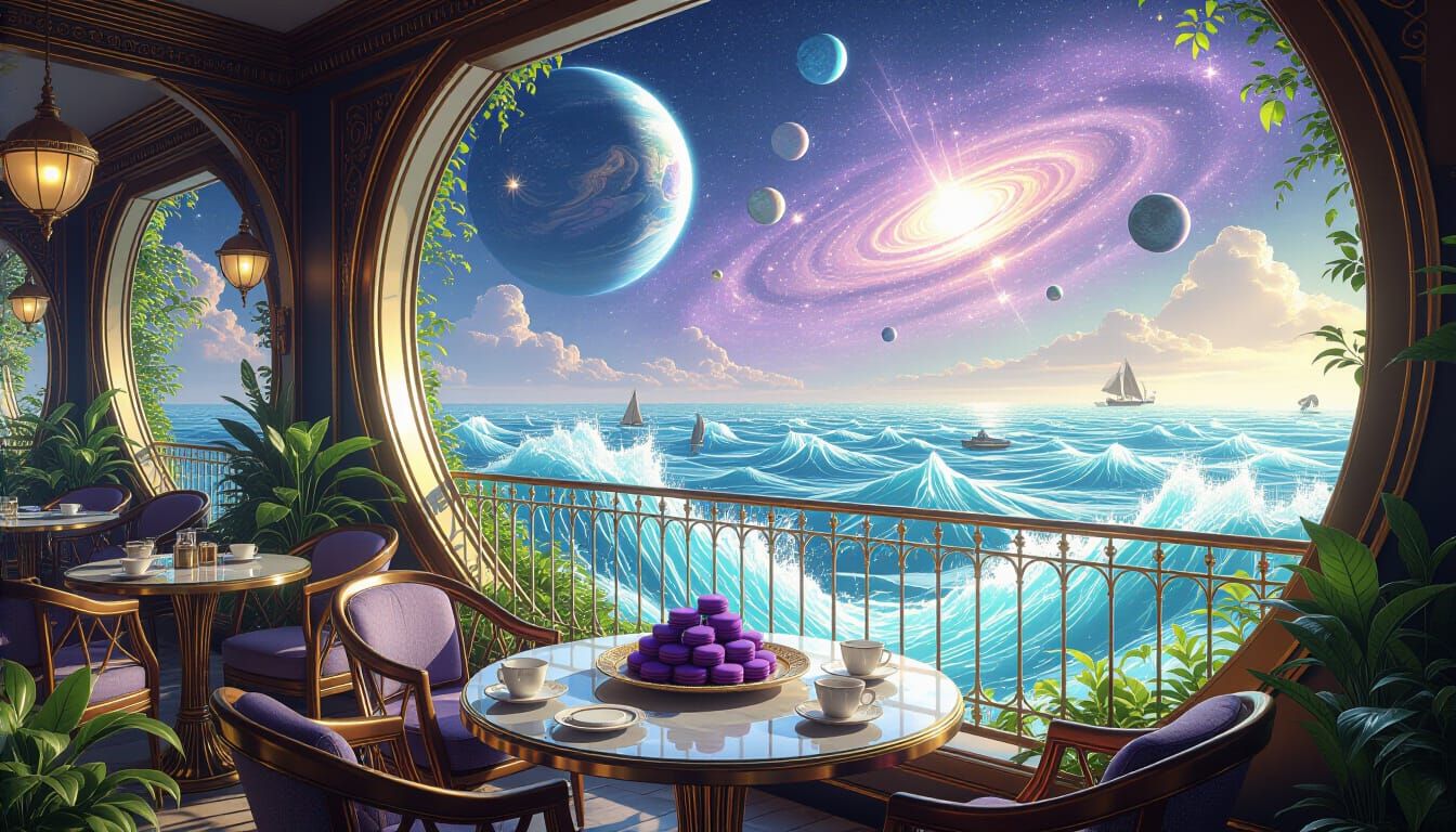 Inside midnight open cafe balcony with chairs, tables, a platter of macaroons in the middle of the cafe, cakes, coffee, planets, moons seen ...