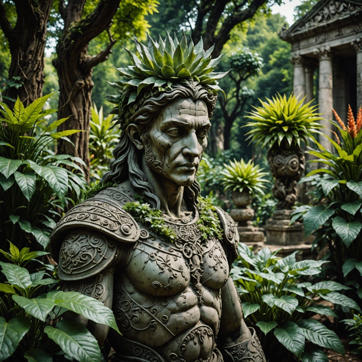 ancient sculpture garden filled with bizarre plants
