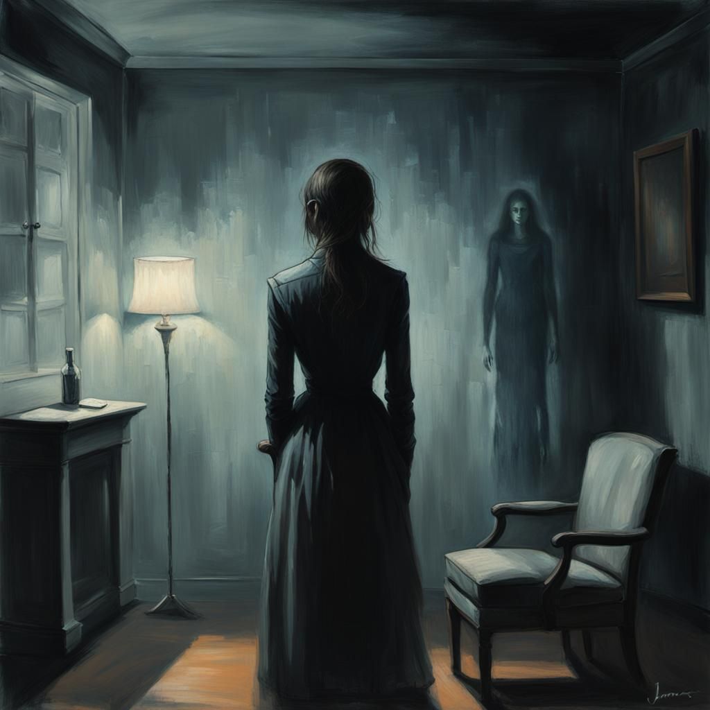 A conceptual illustration depicting anxiety as a ghostly figure looming over a worried young woman alone ...  by @jnatas
