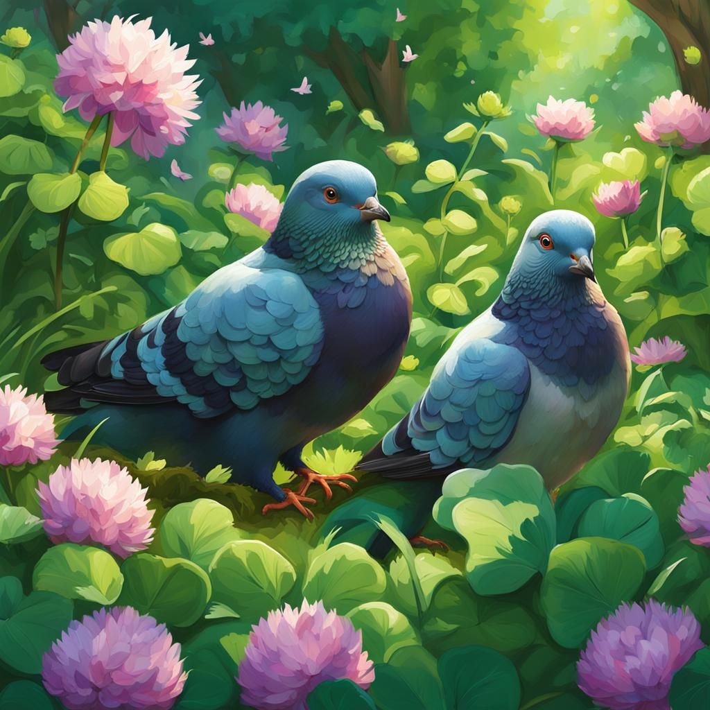 Happy pigeons eating clover in a lush garden, playful atmosphere, detailed feathers, adorable expressions, vibrant color...