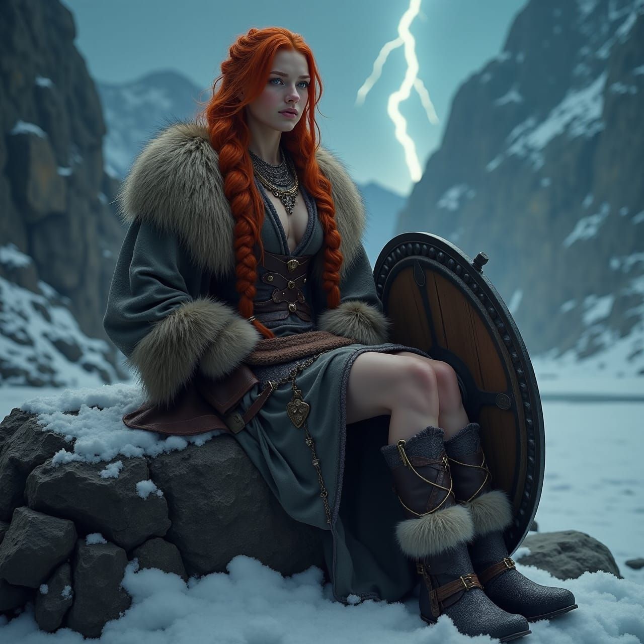 A Viking shield-maiden in the snowy mountains