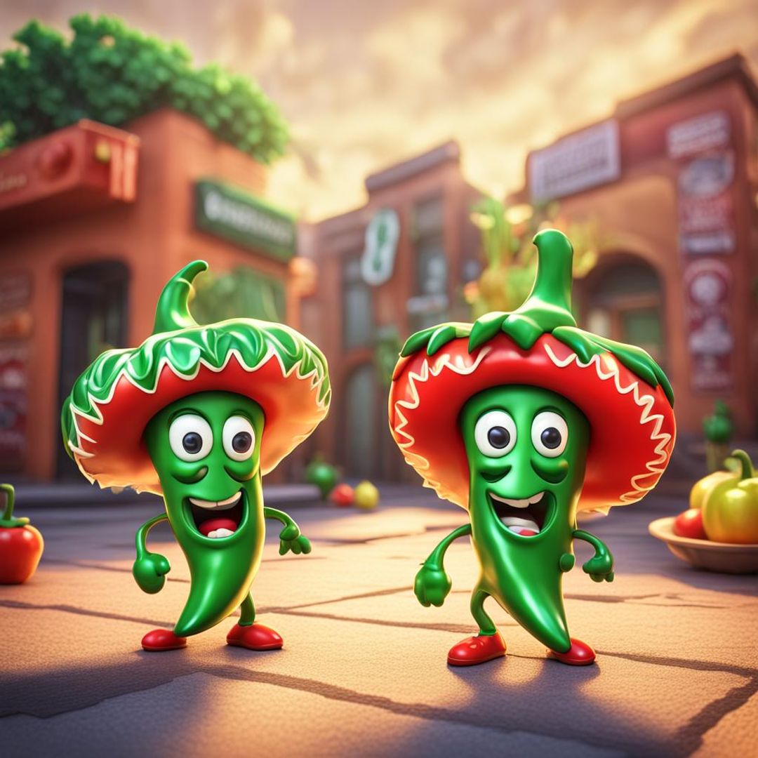 3D Green Chili peppers that are Chibilike cartoons with big heads and