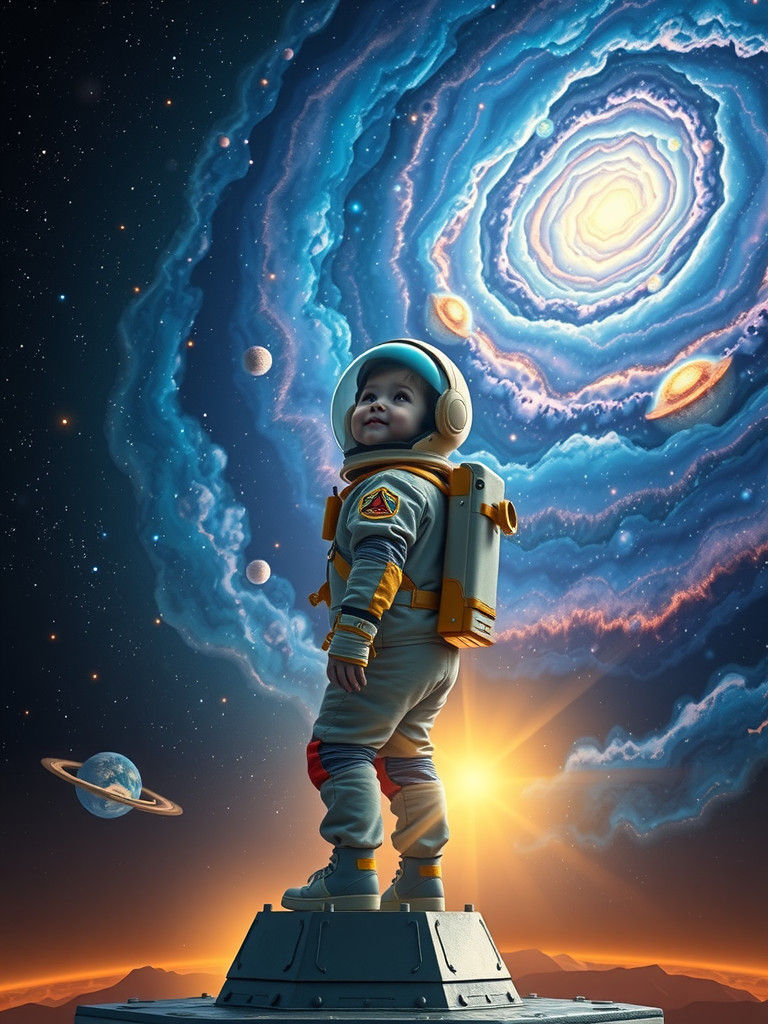 A detailed whimsical cosmic scene, featuring a young child in a futuristic space suit standing on a platform in outer space. The child gazes...