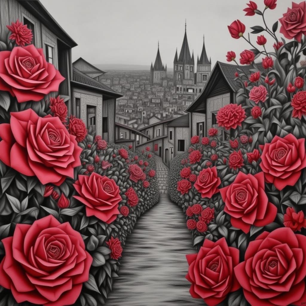 <lora:CHARCOAL DUSK:1.0> Red rose garden