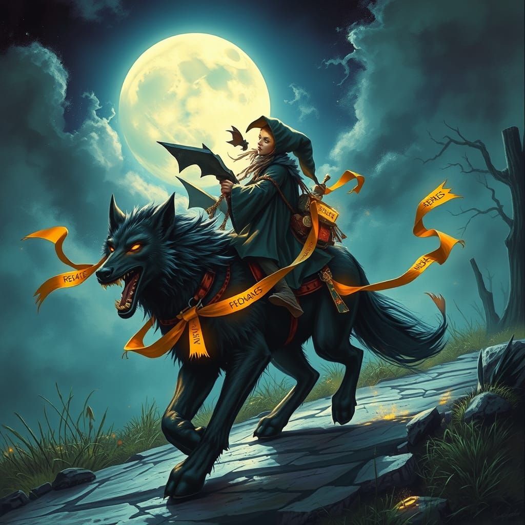 Magical whisper courier riding a shadow wolf, glowing message ribbons, moonlit path, ethereal atmosphere, dynamic fantasy illustration, myst...