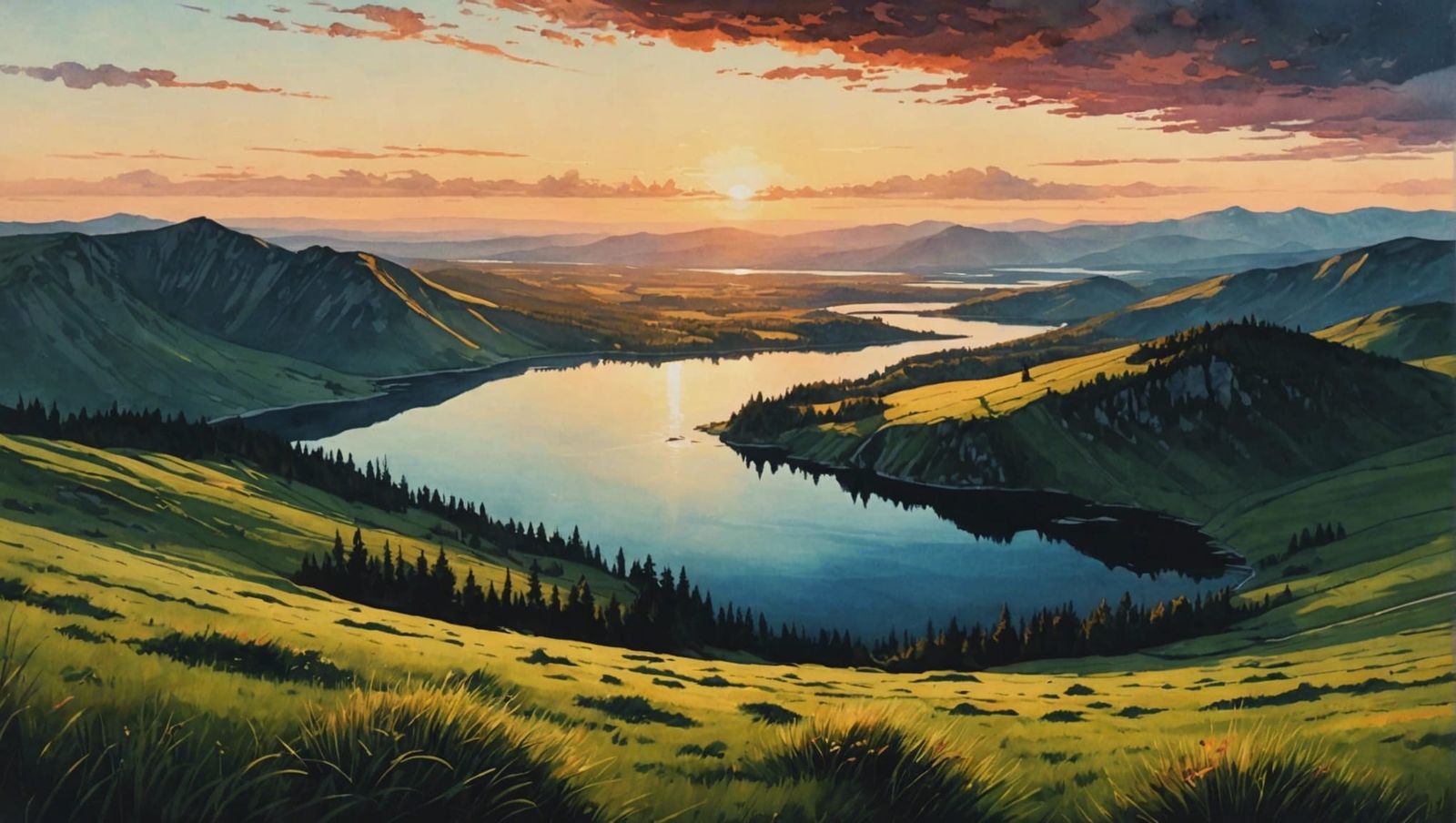 Watercolor Valley Sunset Landscape Painting