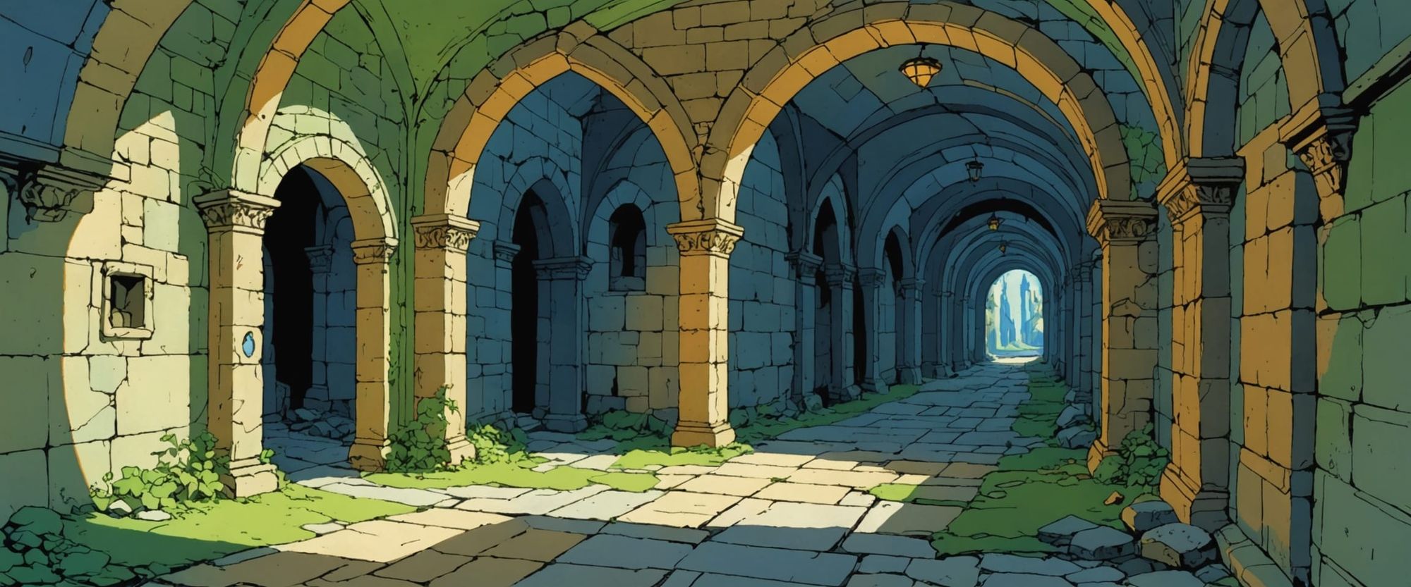 abandoned passageway, mirrors, dungeon, castle, erin hanson, daniel merriam, mysterious, white, travertine walls, arches, couches, tables, d...