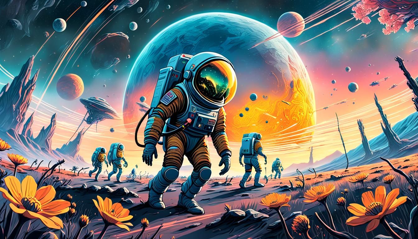 Medium shot. Aliens fight with monsters in spacesuits and fl...