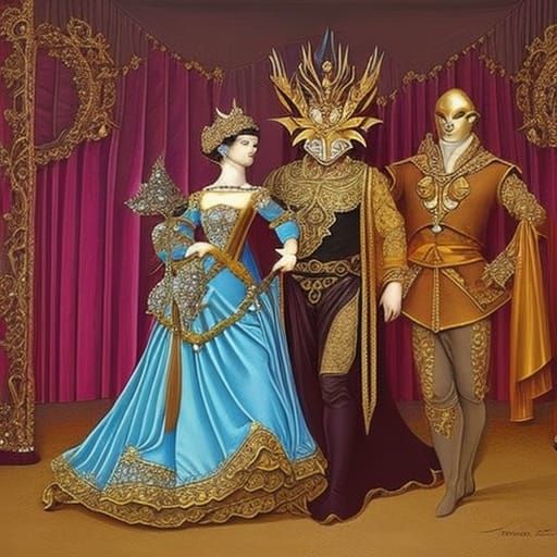 Costumed Dancers at Masquerade Ball in Twilight