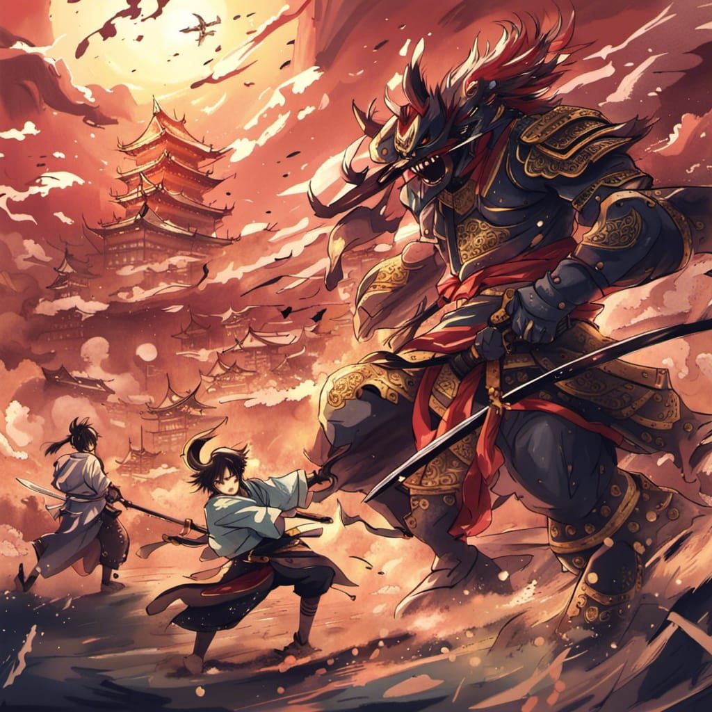 Epic boss fight between samurai - AI Generated Artwork - NightCafe Creator