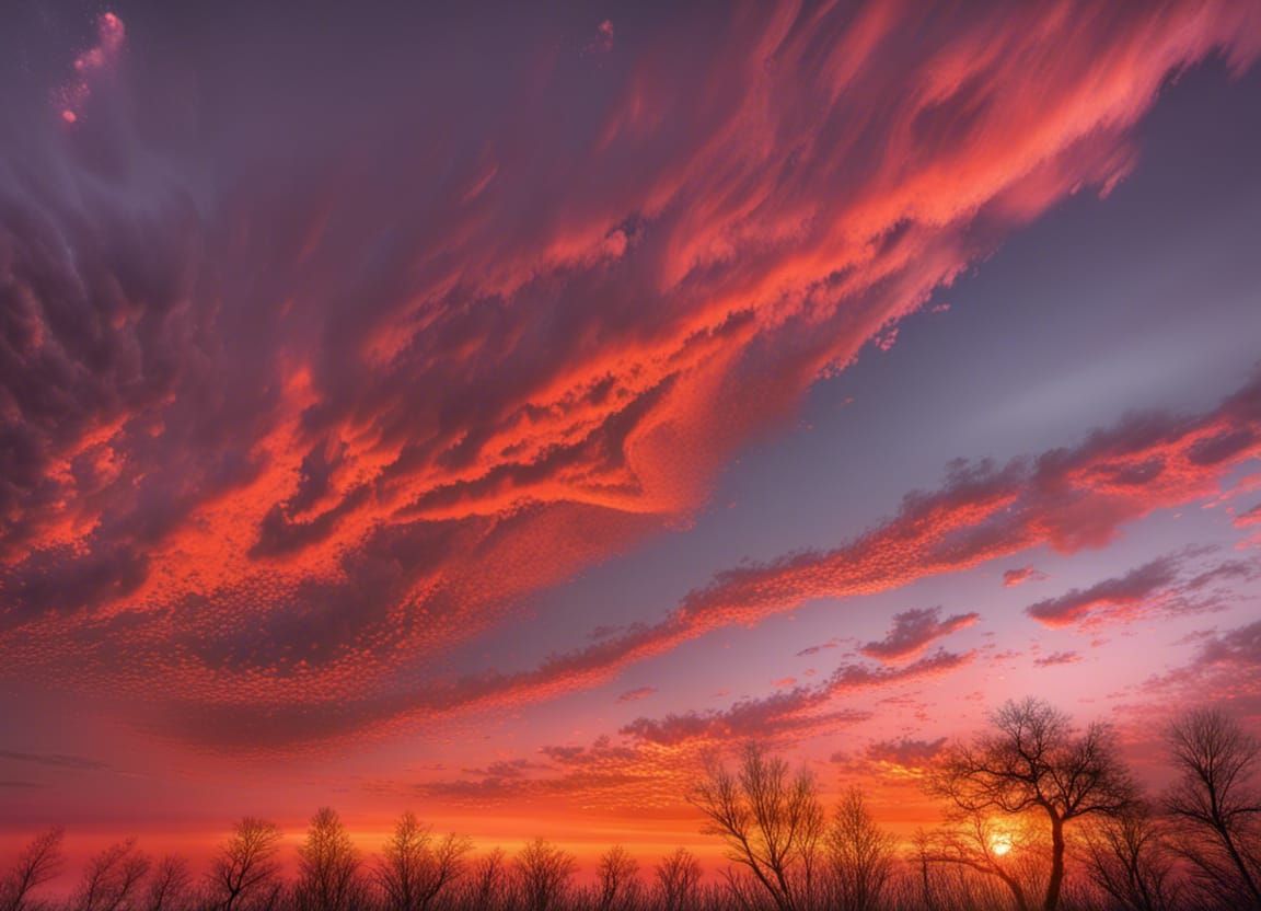 The sky ignites in a lavish sunset, ablaze with hues of oran...