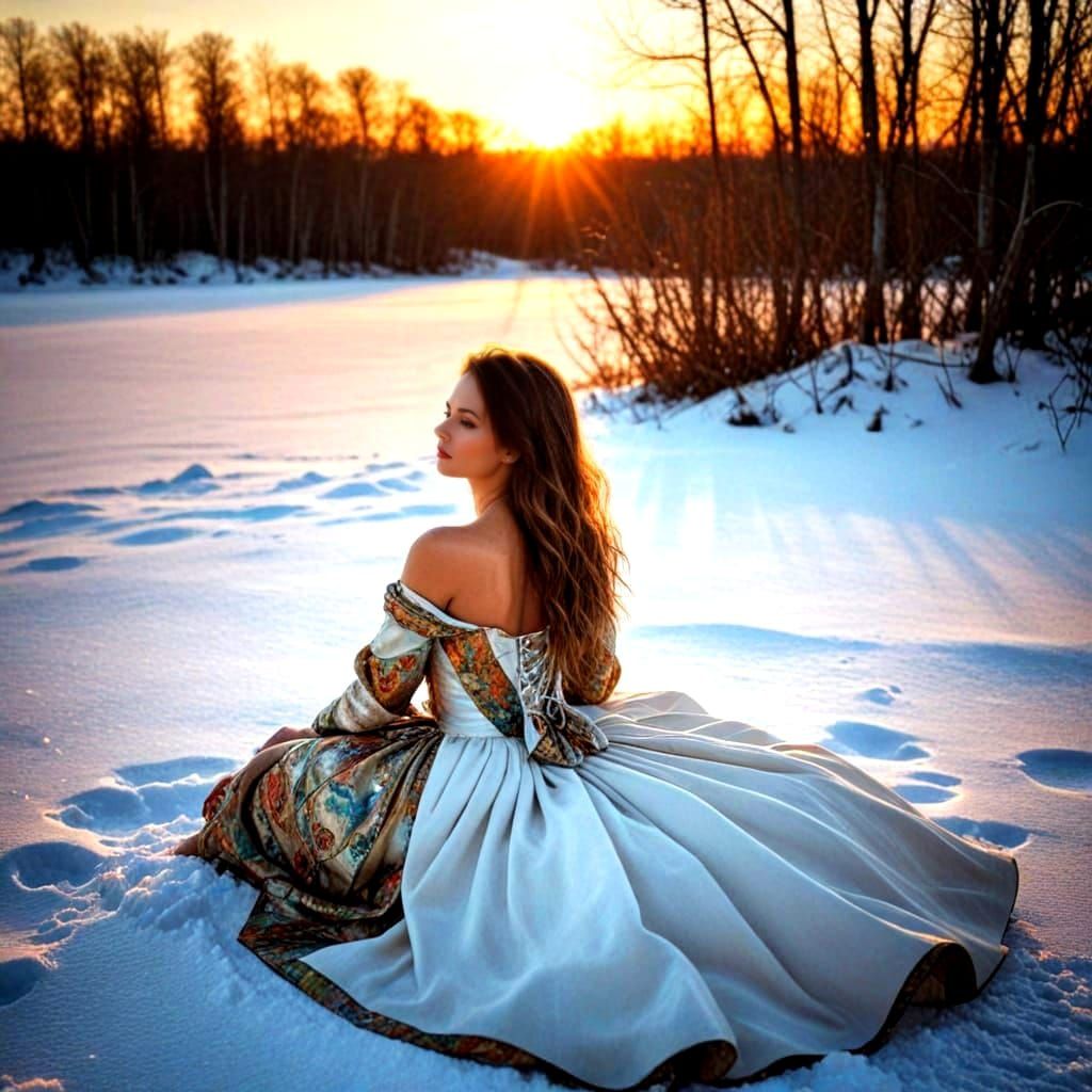 Surrealistic Portrait of a Dazzling Woman in Snowy Exotic La...