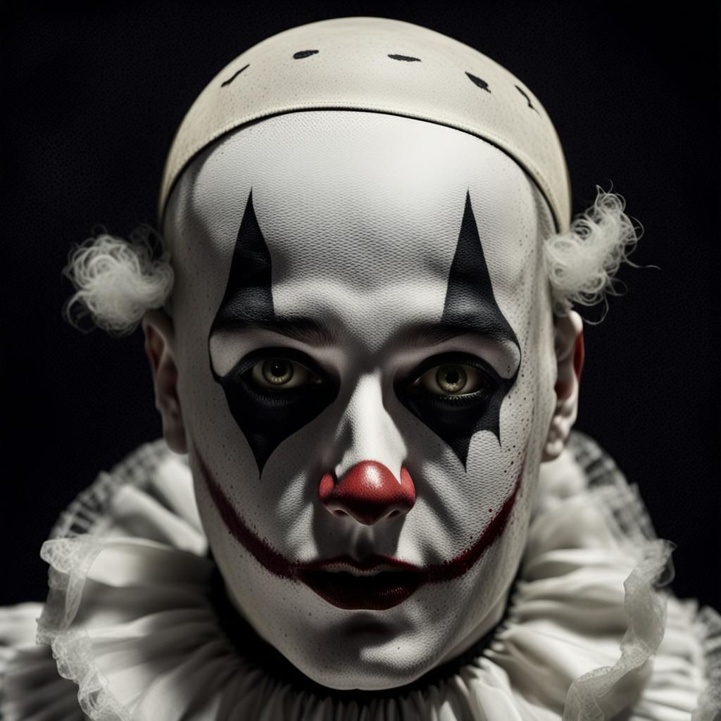 Portrait of an evil pierrot, looking like a muller, horror, gloomy ...