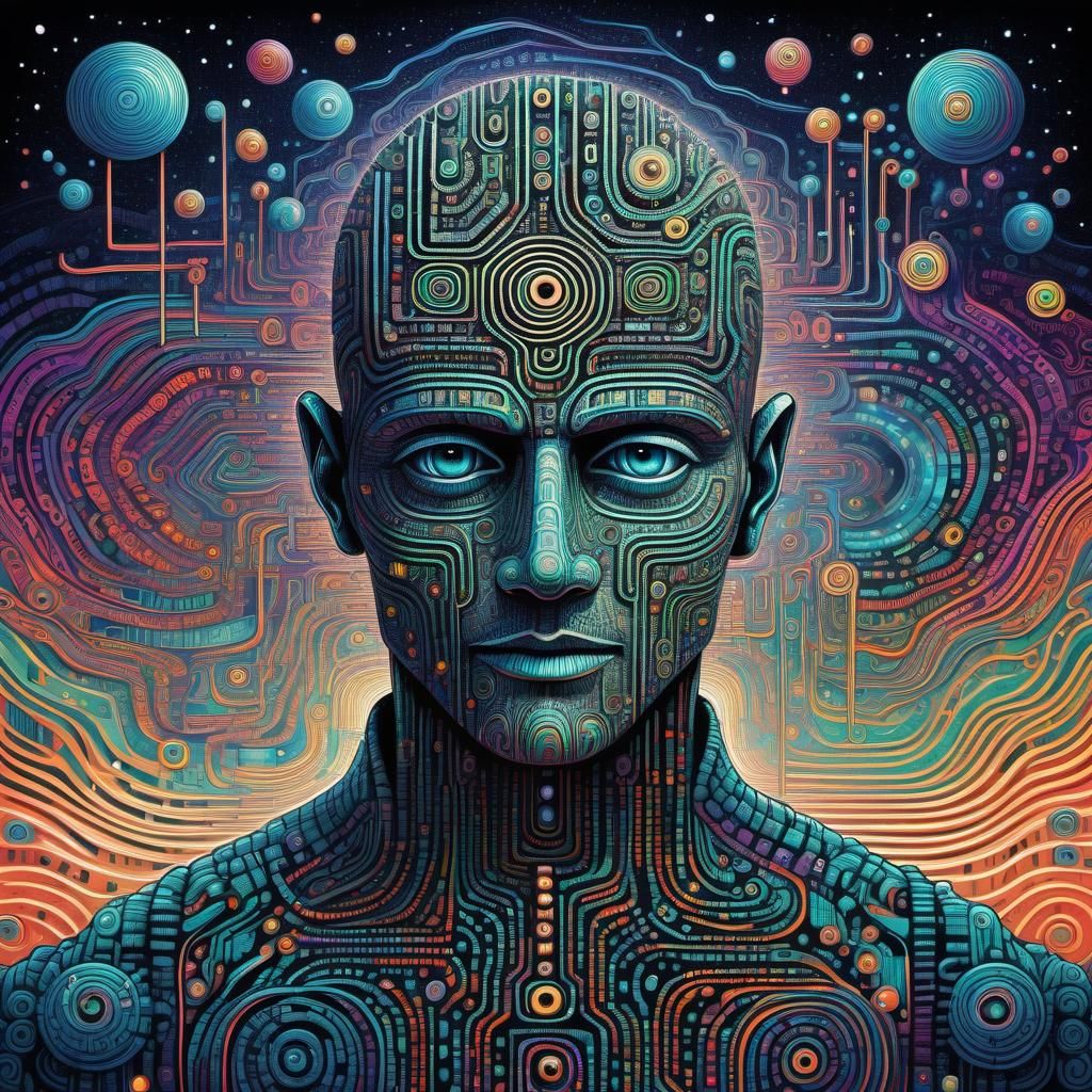 Psychedelic Binary Code Dream: Surreal Circuit Man