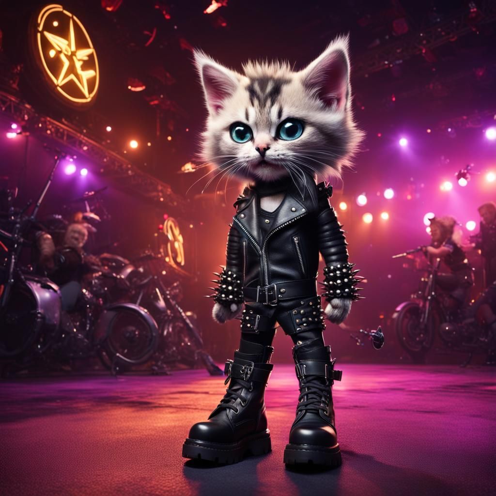 A wicked smiling punkrock toy kitten stands on its hind legs...