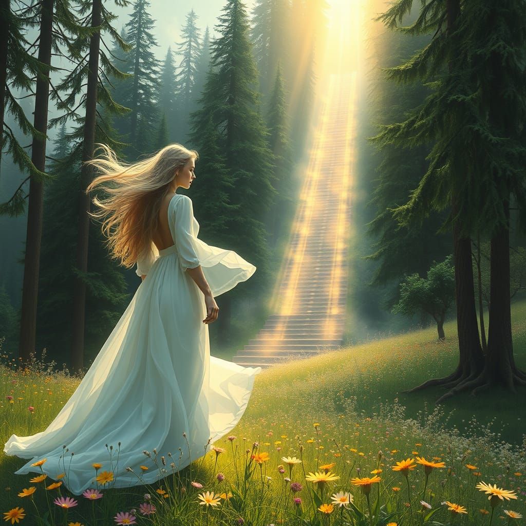 Dreamy Goddess Ascends Shimmering Stairway to the Heavens