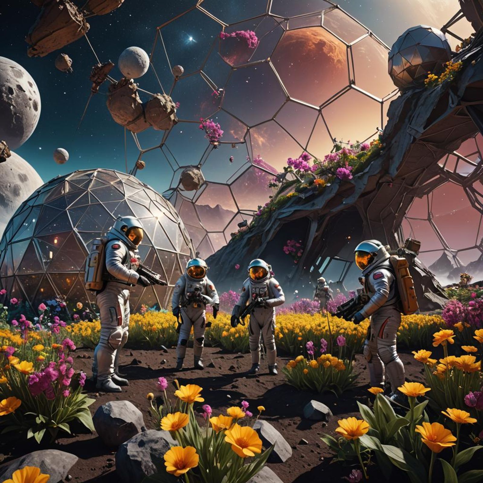 Three Men In Spacesuits Tending To The Flowers In A Geodesic Dome Of 