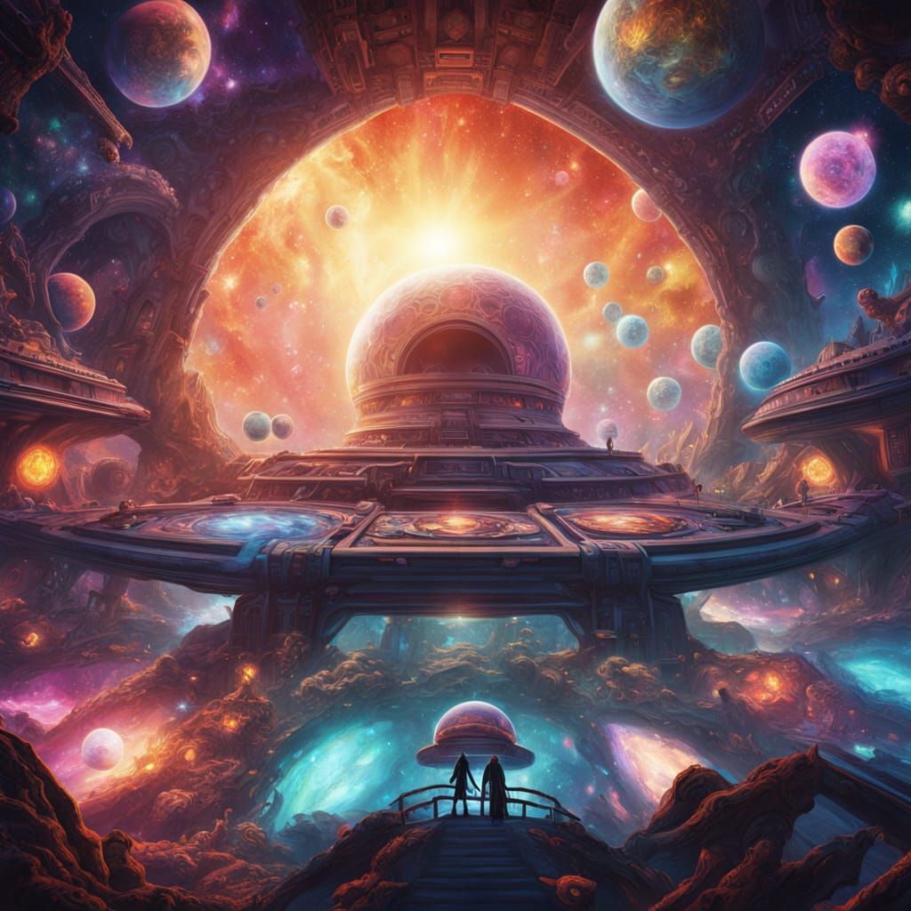 "A sprawling interstellar marketplace made of dozens of interconnected spaceships, forming a patchwork bazaar in zero-gravity. Visitors floa...