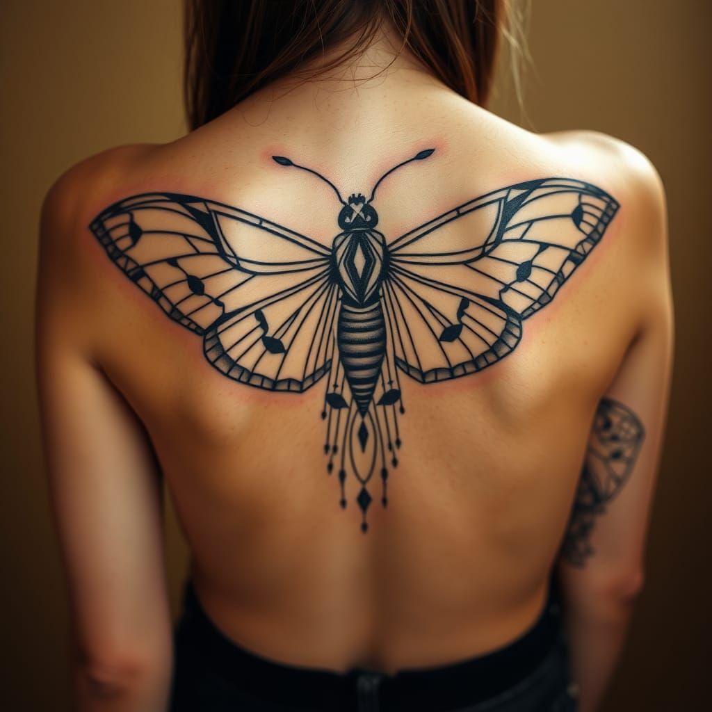 Cool geometric moth Back tattoo