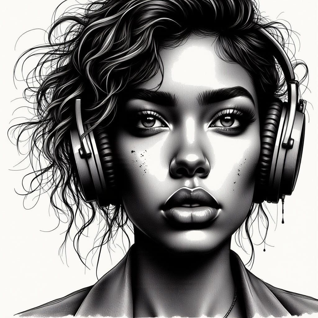 <lora:HRH-moody-inks:1.0>  hyper detailed, ink and watercolour, a moody, beautiful mixed race girl wearing headphones, portrait, high defini...
