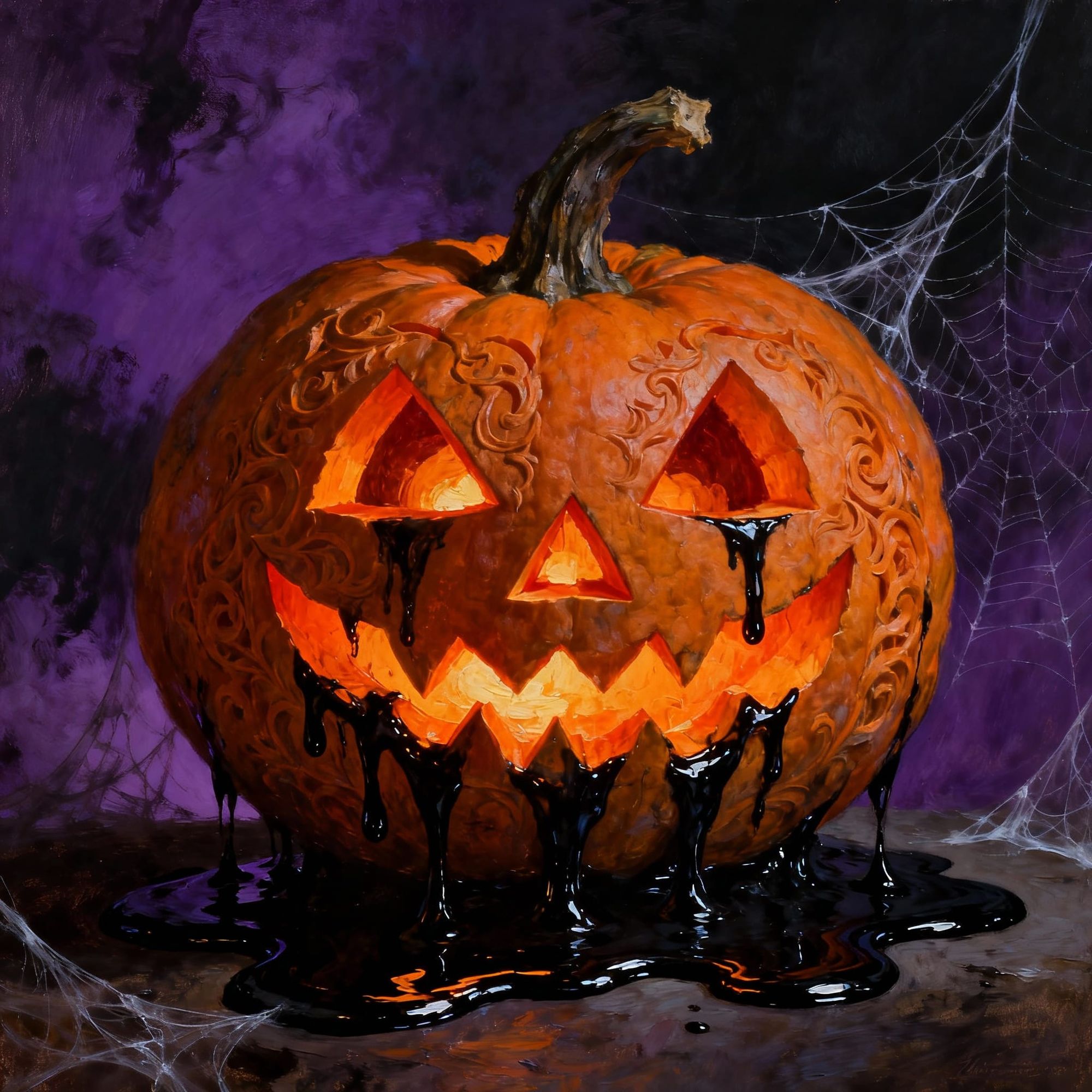 A vibrant, carved pumpkin features large, expressive eyes and a mischievous grin. It drips with shiny, dark liquid, evoking a spooky Hallowe...