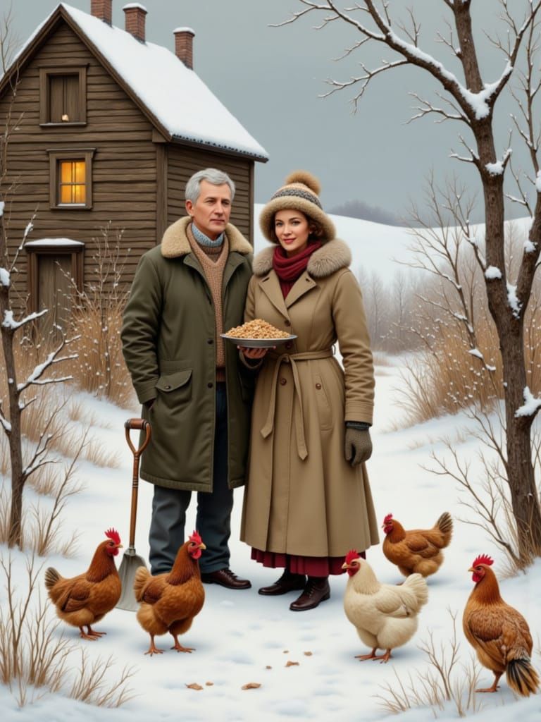 Elderly Couple in Snowy Landscape with Chickens and Fairy Li...