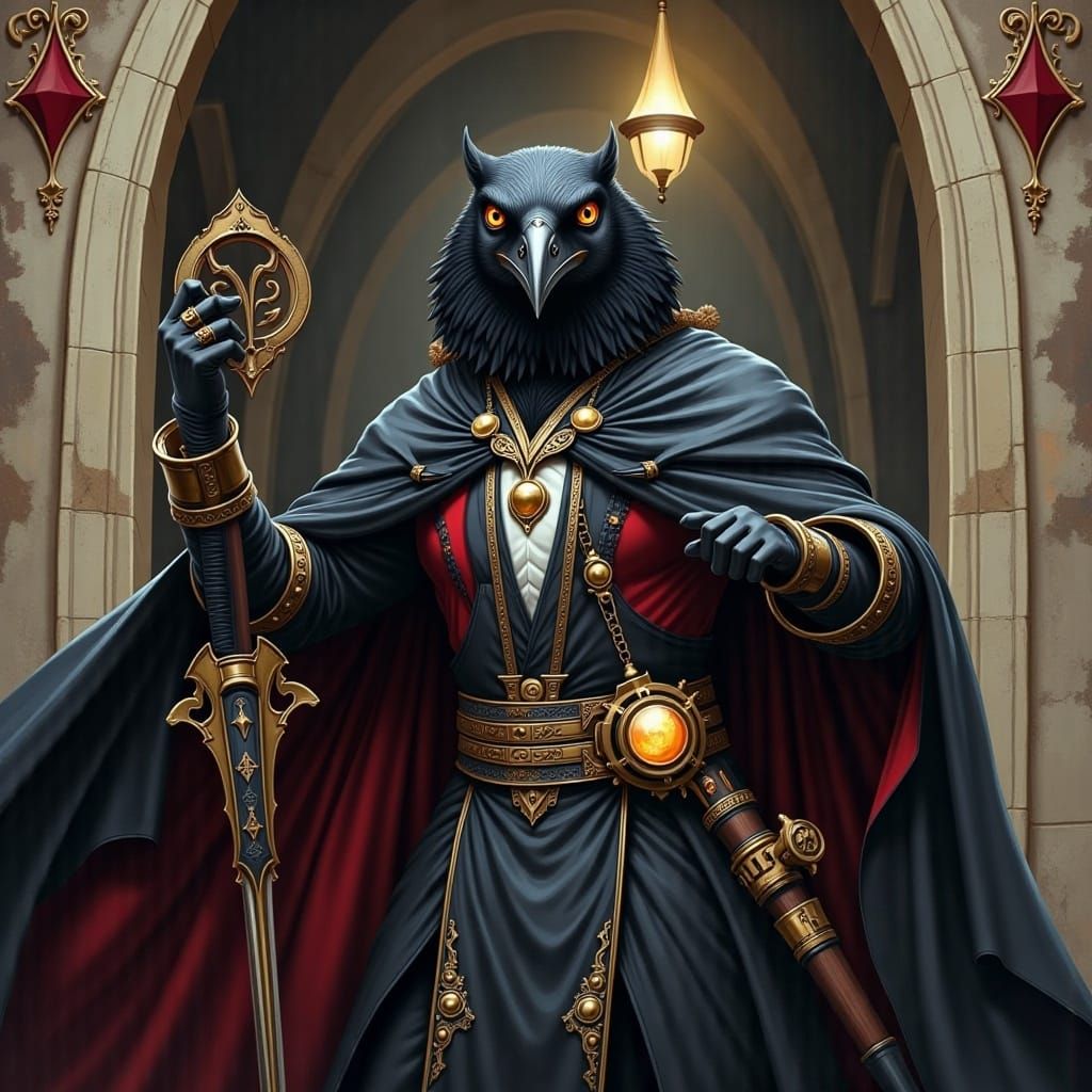 <lora:Realistic Digital:1.0> A steampunk lord with a raven and spades theme