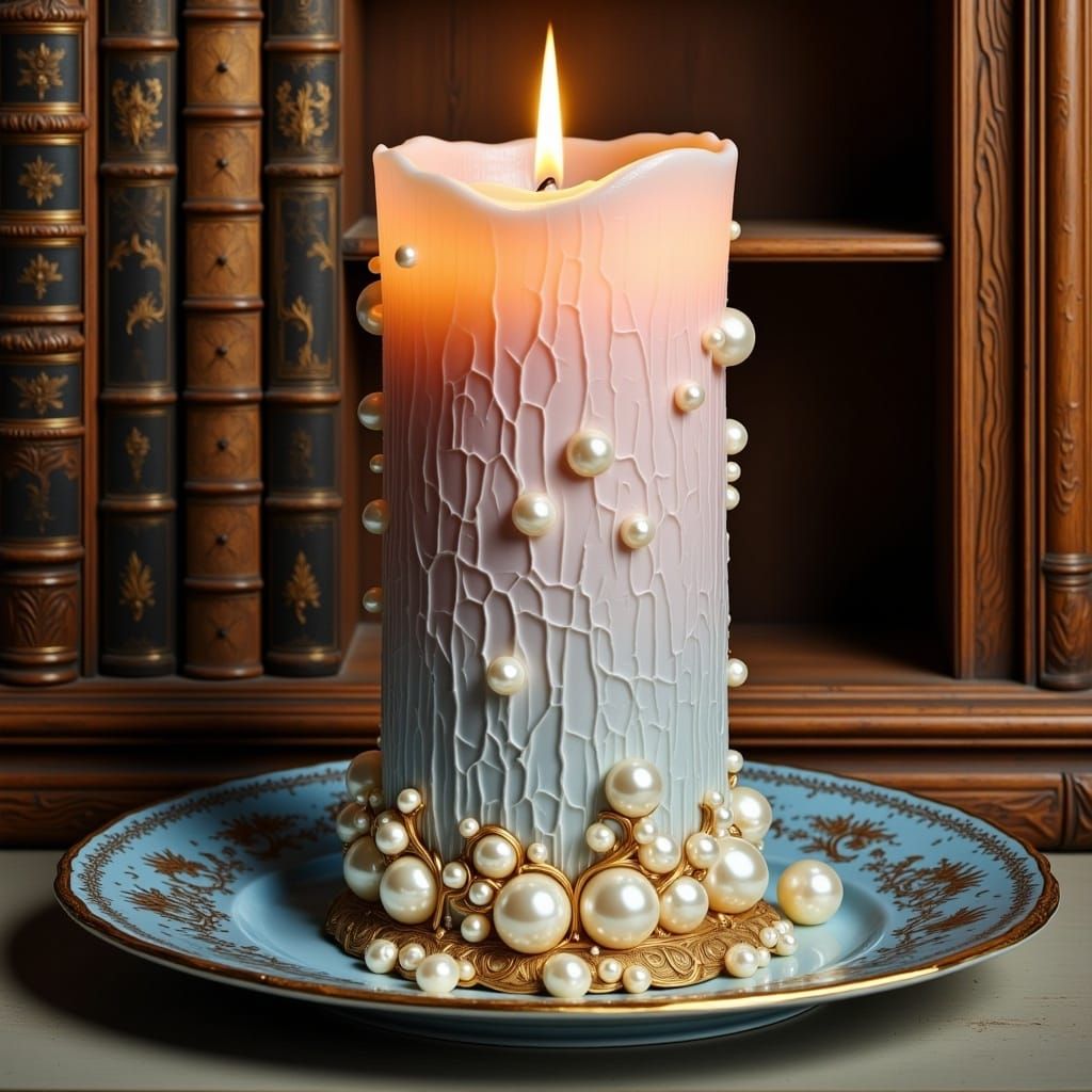 <lora:Ornamented:1.0>A big, tall candle with light, made entirely of pastel porcelain with big cracks, deeply ornated with pearls and gold o...