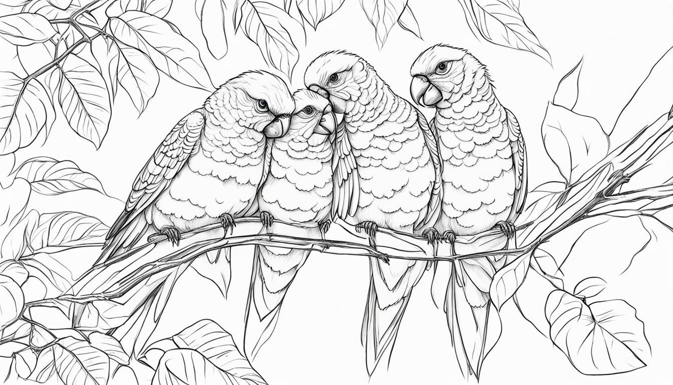 Friendly Parakeets Line Drawing  by @Mythic_Flame