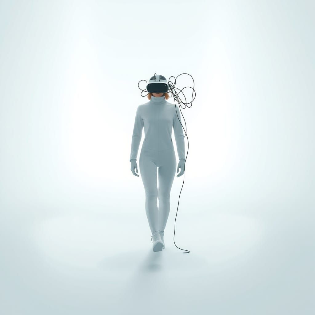 A futuristic person with a vr headset on walking in a completely white space that represents emptiness, ...  by @Tippy