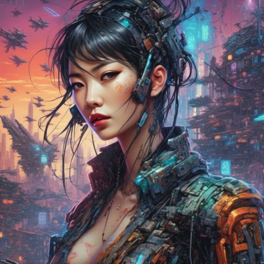 Beautiful Asian cyberpunk <lora:Asian android:1.0>  riding a missile through the sky. <lora:Asian android:0.5> 