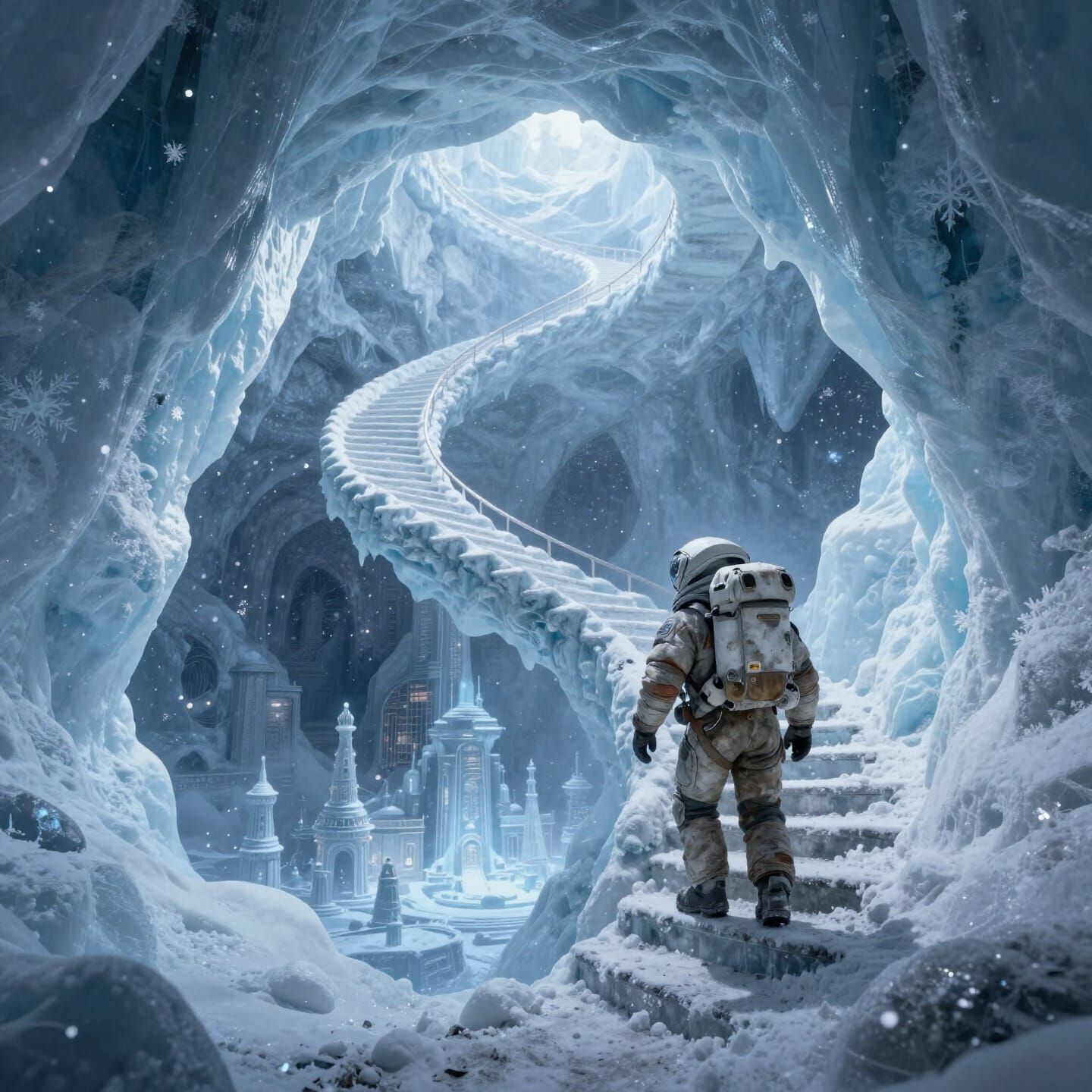 A lone, weathered space explorer descends a spiraling staircase carved into a colossal iceberg. The air ...  by @Voxinbain