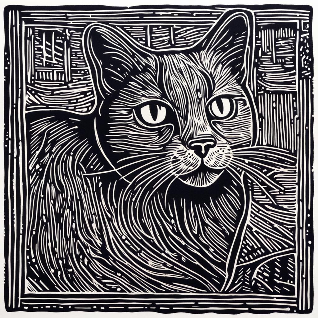 a cat made in linocut style