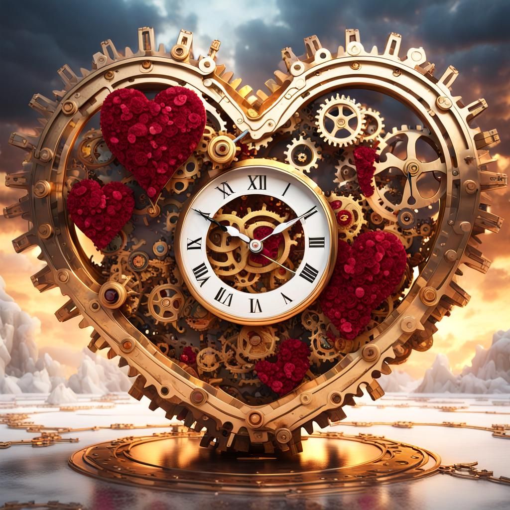 A heart-shaped clock with made of gears studded with rubies ...