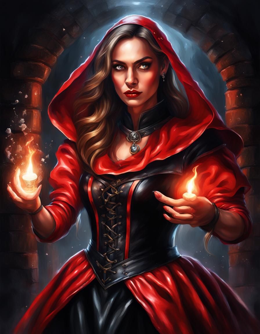 Cute lady magician in red and black leather dress cast a lig...