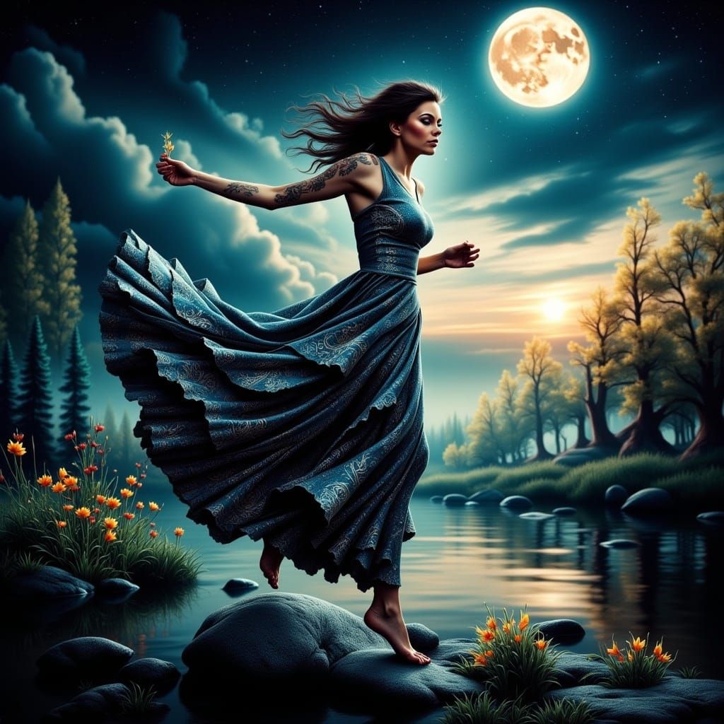 Running from the stroke of midnight. (Double exposure a clock in the moon:1.9). <lora:FullColor Flux:1.0> 