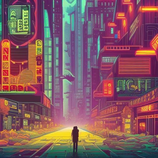 Deer in Abandoned Neon City, Digital Art