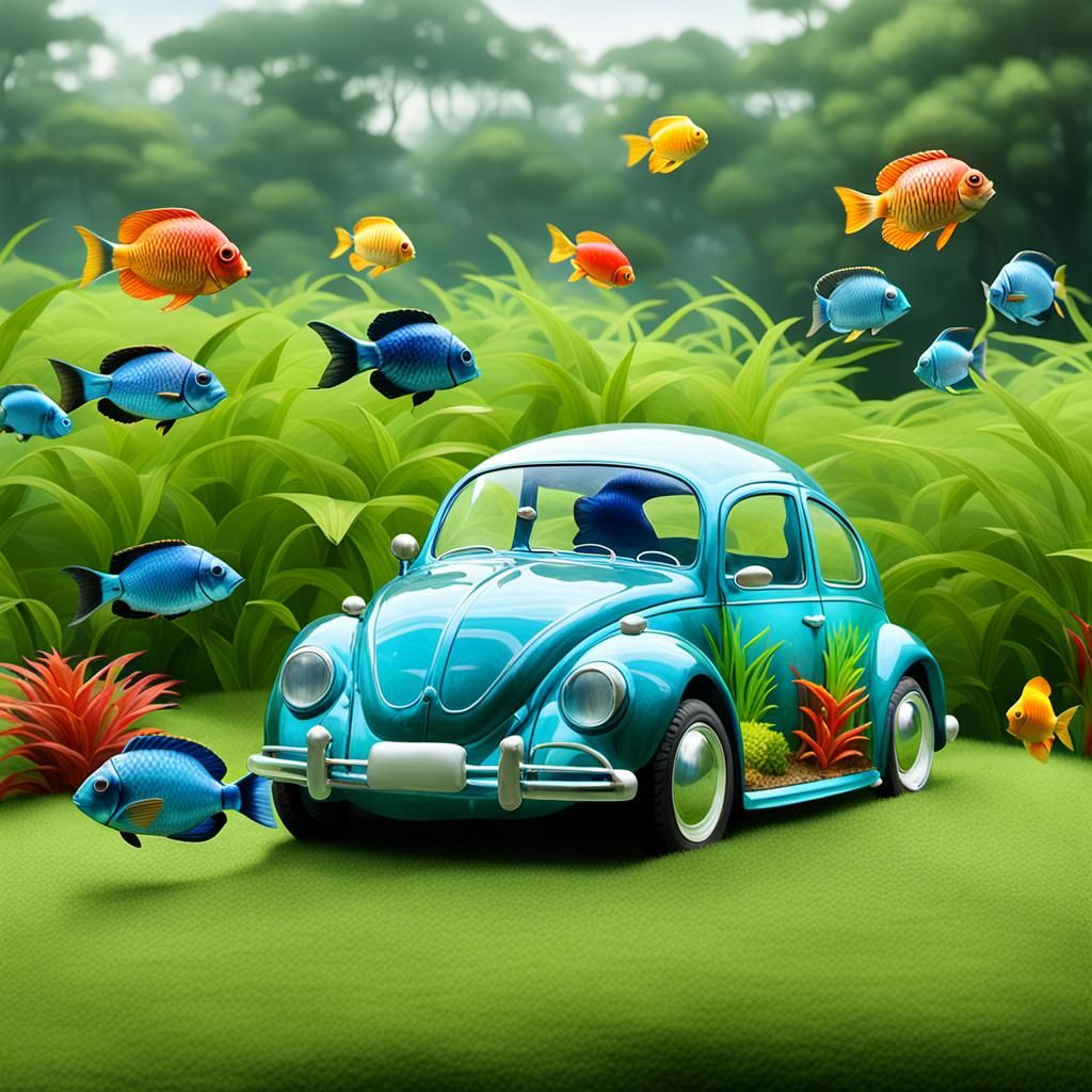 a vw beetle made entirely of glass, filled with water and co...