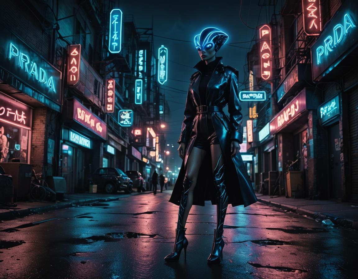 An alien woman wearing Prada and high heels in a cyberpunk c...