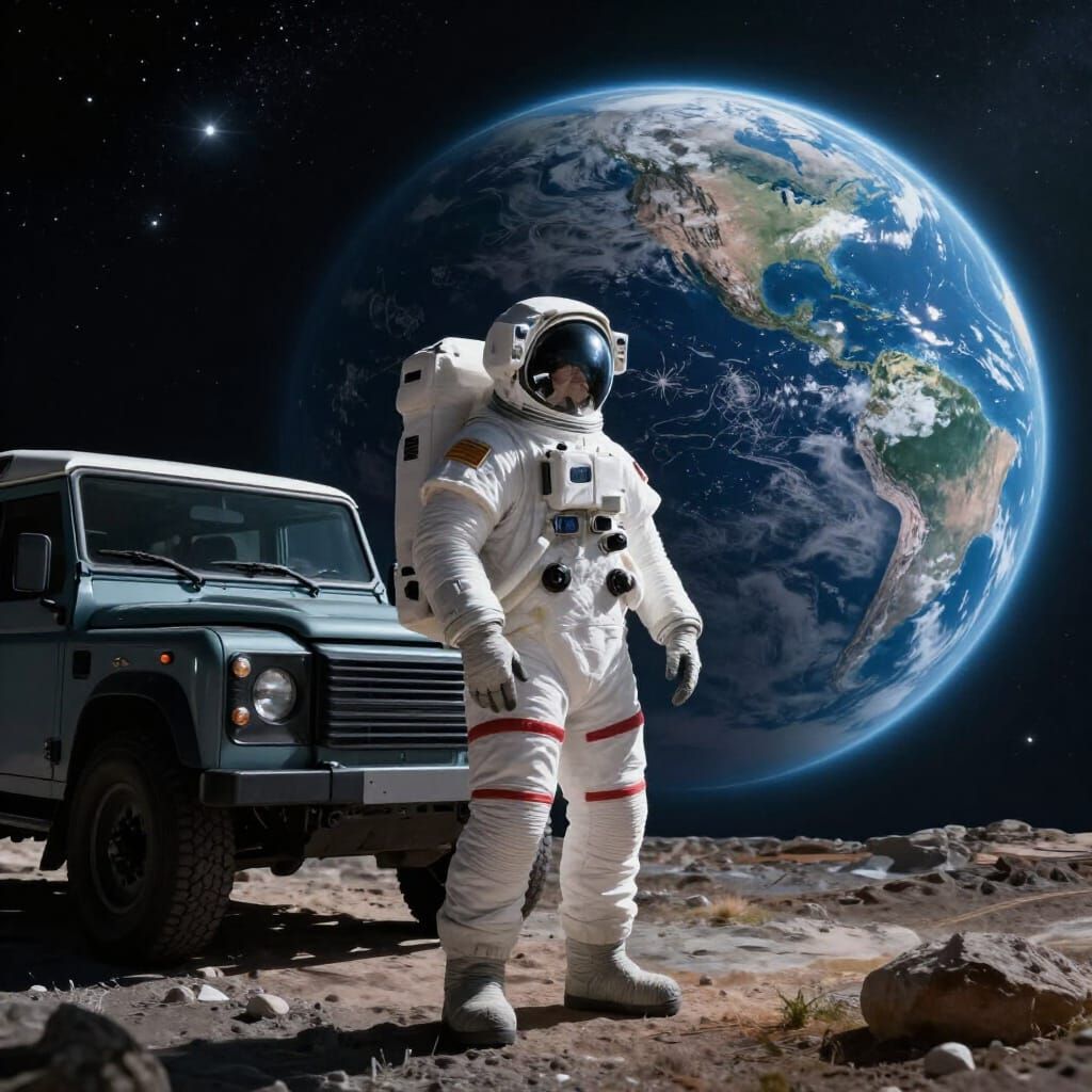 Astronaut Gazes at Earth with Futuristic Jeep in Space