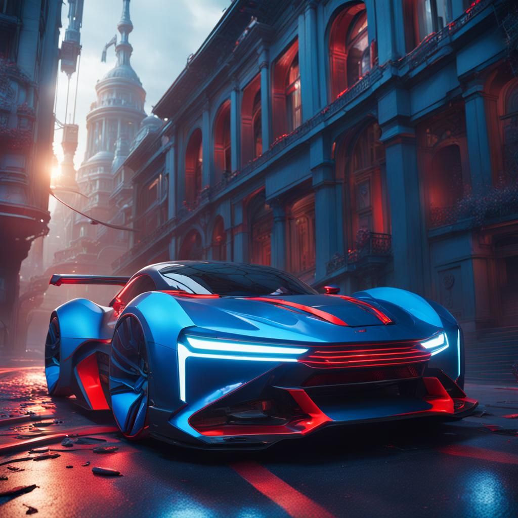 futuristic sports car with blue paint and red accents