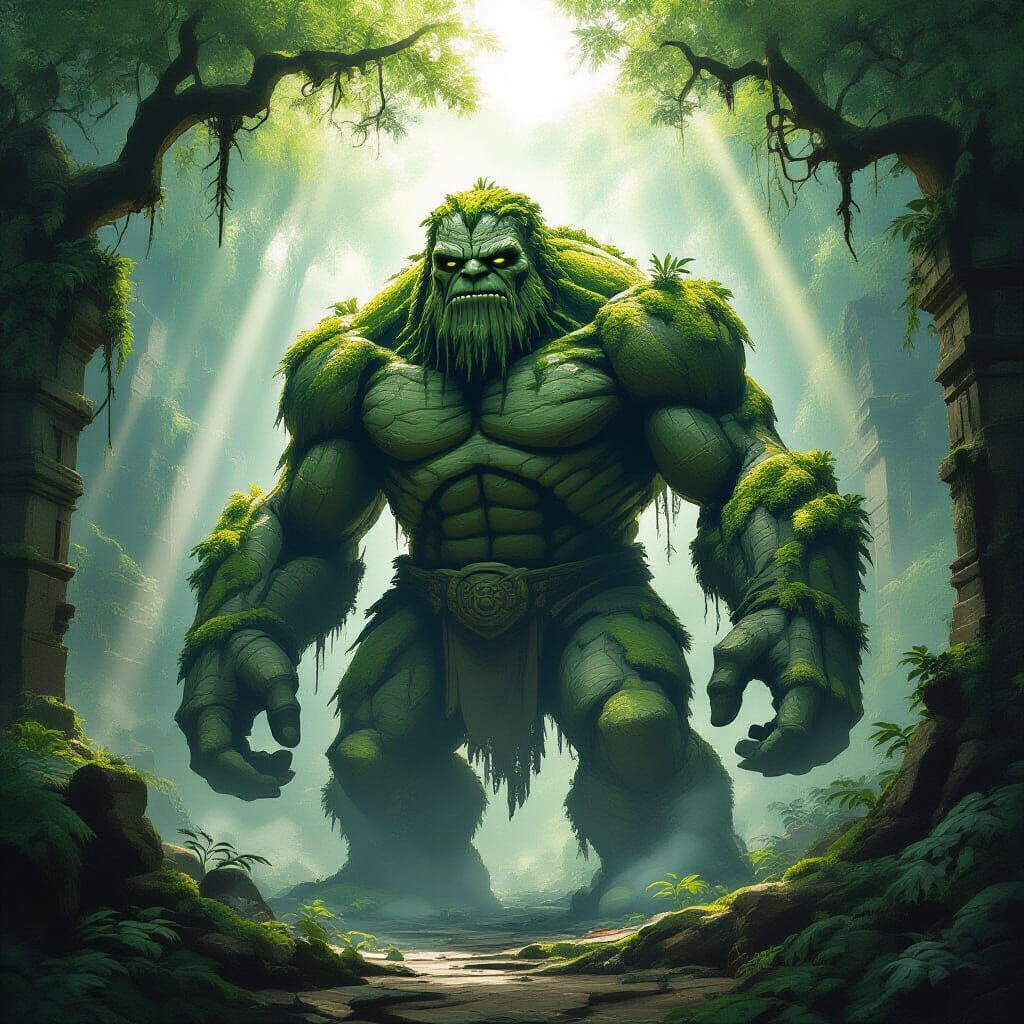 A colossal, ancient stone golem, overgrown with moss and vines, stands dormant amidst a sprawling, forgotten ...  by @Luce Times