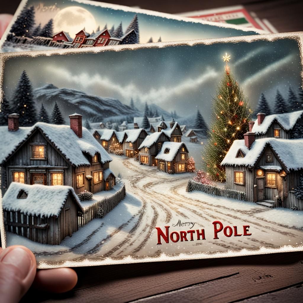 Vintage postcard looking old and worn with a picture of a snowy village scene (christmas lights, christmas ...  by @jnatas