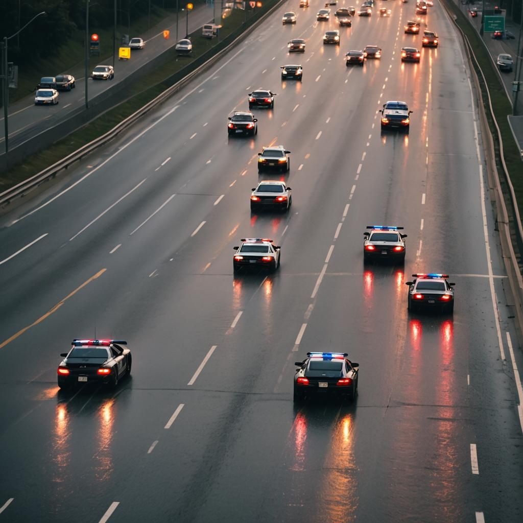 Intense Police Chase on Wet Highway in Action Movie Style