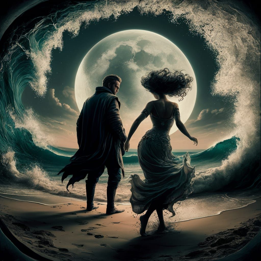 an image of a mysterious MAN standing on the beach with a WO...