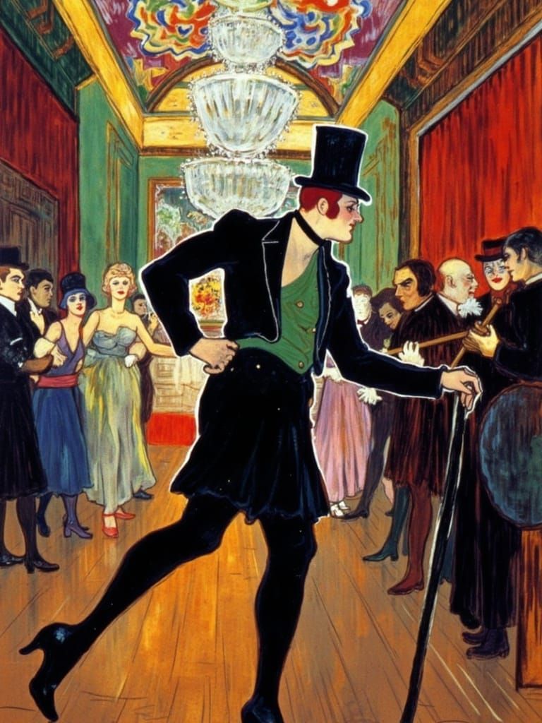  A surreal, dreamlike scene featuring Kirby dancing at the moulin rouge club in the 1930's<lora:toulouse-Lautrec:1.0>