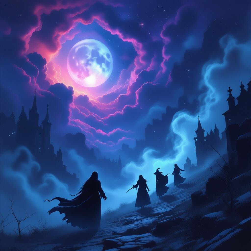 Witches and Ghosts in a Swirling Night Sky