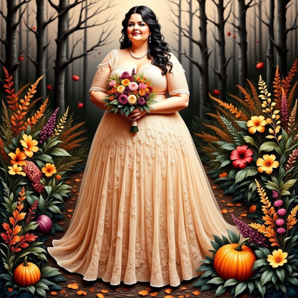(Paper collage, paper art, mixed media:1.9) A Fat bride wearing a gorgeous lace wedding dress, holding a beautiful bouquet of fall colored f...